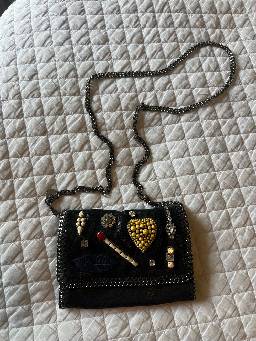 Stella McCartney Black Embellished Crossbody Bag with Gold Heart Accent